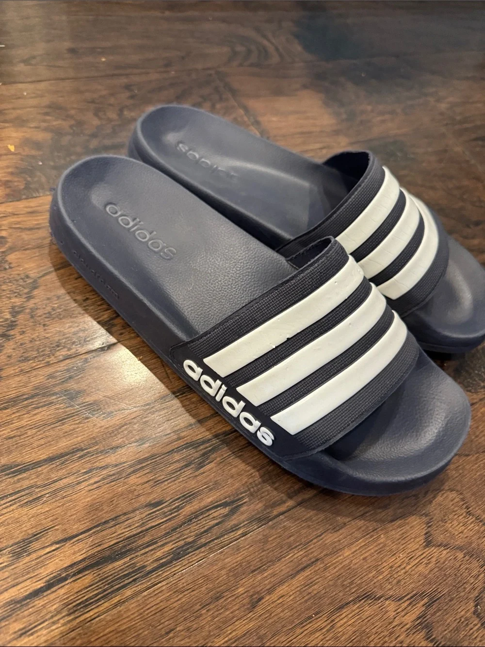 Adidas Navy Slide Sandals with White Stripes men’s 10
